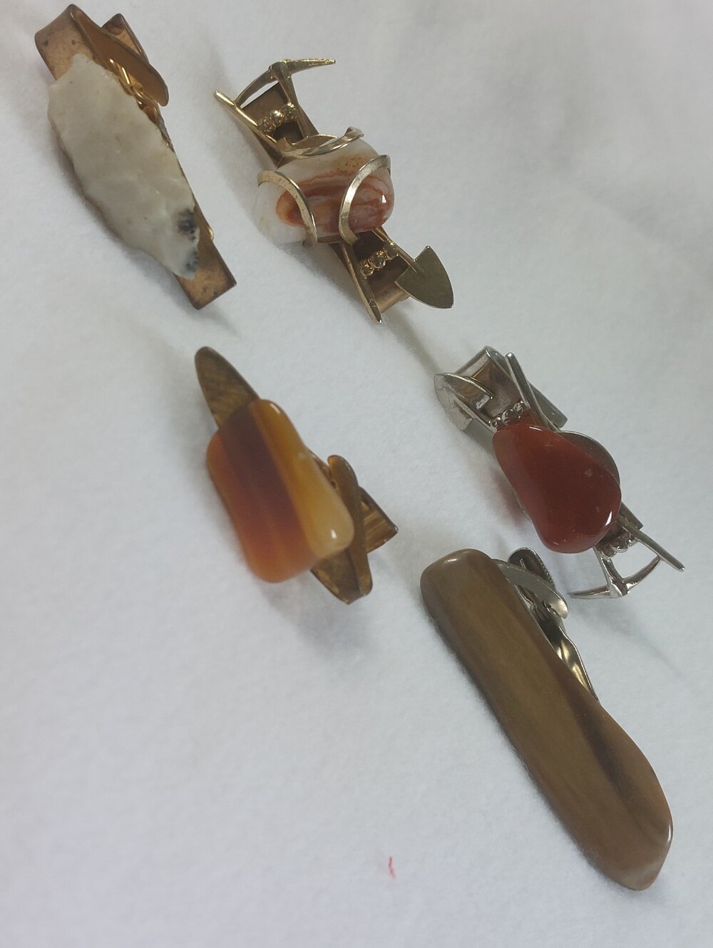 Vintage Mid-Century Retro Tie Clips, Lot 5 Pcs, Agate Carnelian Jasper Arrowhead